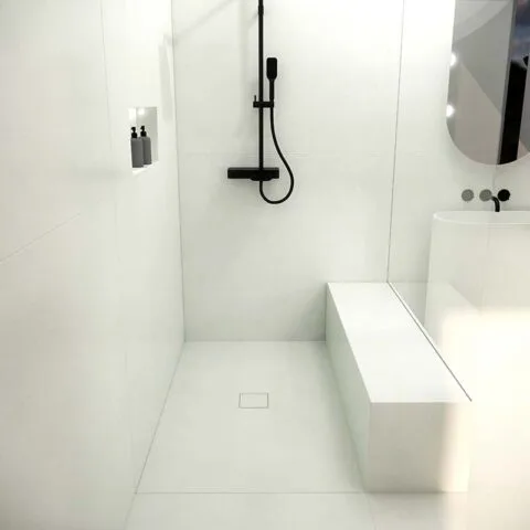 Concrete shower base model centro color honed white.