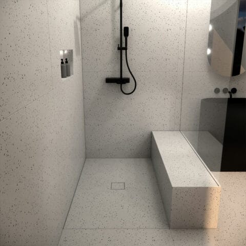 Concrete shower base model centro color terrazzo grigio.