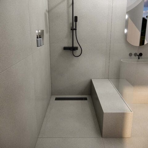 Concrete shower base model linea color honed ash.